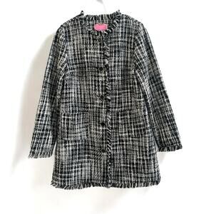 Kate Spade NWOT Black White Plaid Tweed Fringe Full Button Down Coat size 6